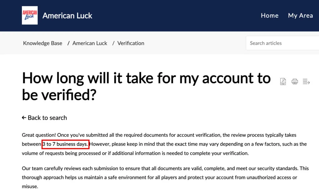 American Luck Casino support article confirming 3-7 business day identity verification review time
