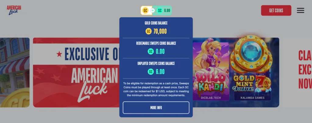 American Luck Casino no-deposit bonus showing free GC and SC added to a new account