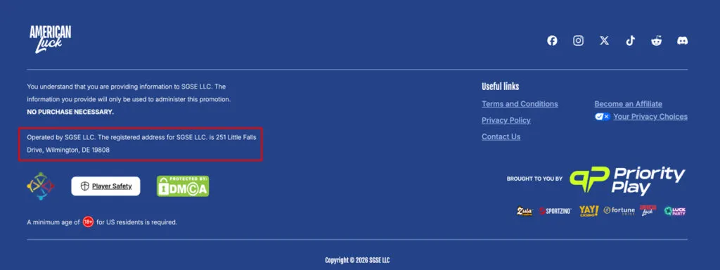 American Luck website footer showing company ownership information