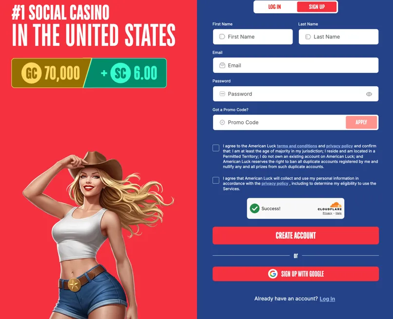 American Luck Casino sign-up form used to create a new player account.