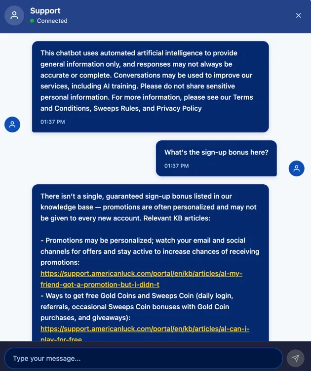 American Luck chatbot responding to a support question