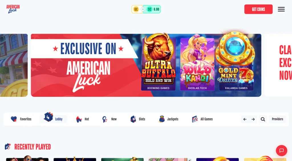 American Luck social casino website on desktop