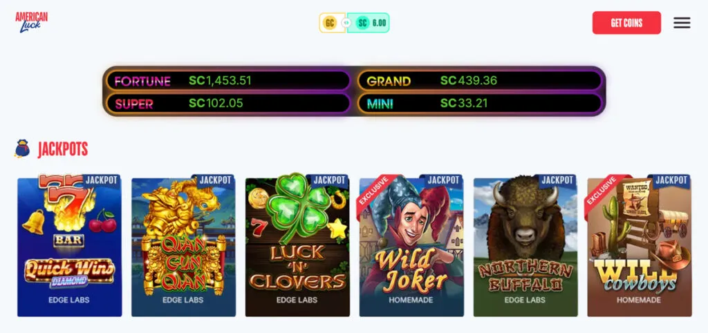 Mini, Super, Grand, and Fortune progressive jackpot tiers on American Luck