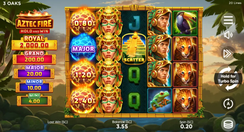 Player spinning the reels on the Aztec Fire: Hold and Win slot game at a Kansas online casino