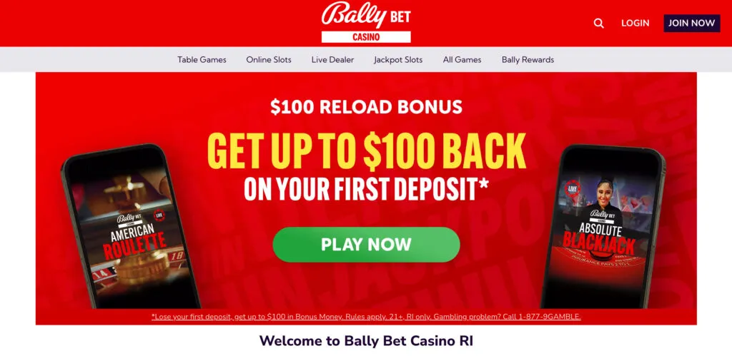 Welcome offer promotion shown on Bally Bet Casino Rhode Island website