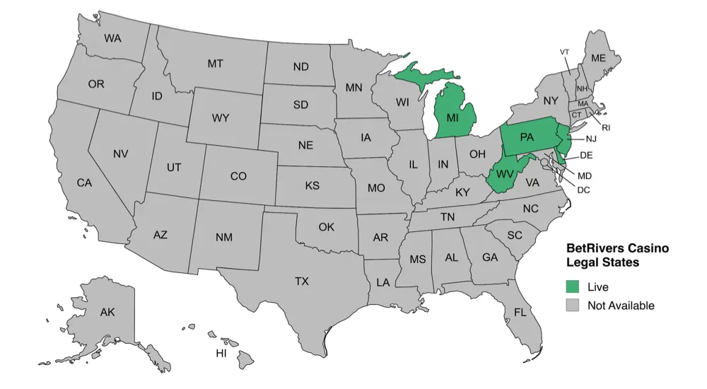 U.S. map showing BetRivers Casino legal states