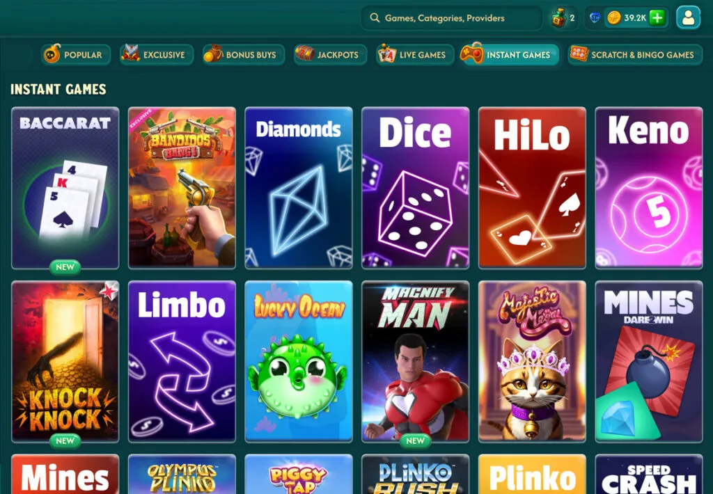 Big Pirate Casino Instant Games lobby with Plinko, crash games, shooting games, and more