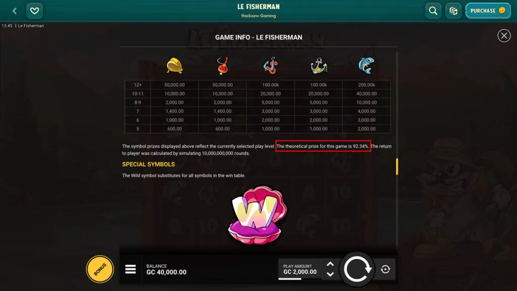 Theoretical RTP for Le Fisherman slot game on Big Pirate Casino