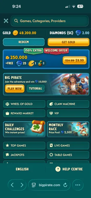 Sidebar menu on Big Pirate Casino