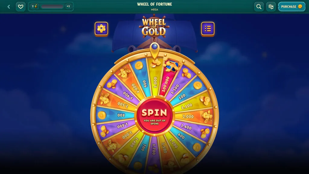 Big Pirate Casino Wheel of Gold bonus wheel showing GC prizes