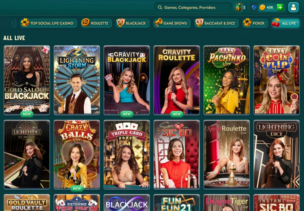 Live dealer games section at Big Pirate Casino