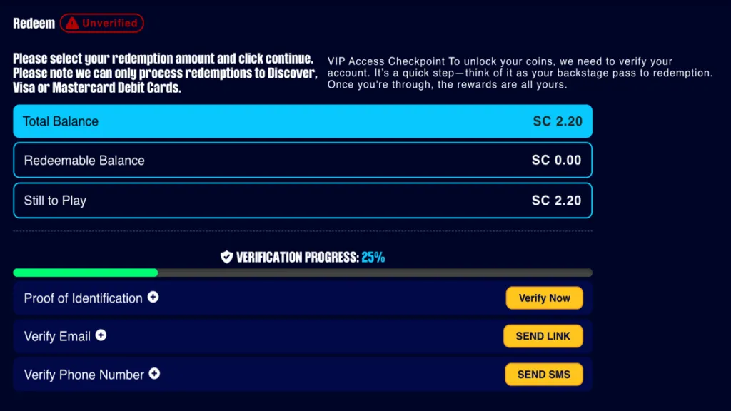 Prize redemption screen at Big Shot Games social casino