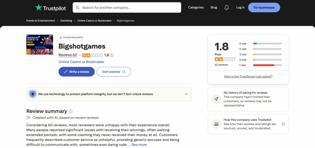 Big Shot Games Trustpilot rating and player reviews