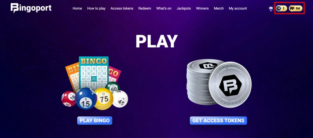 Bingoport website showing both playable Access Tokens and redeemable Port Points