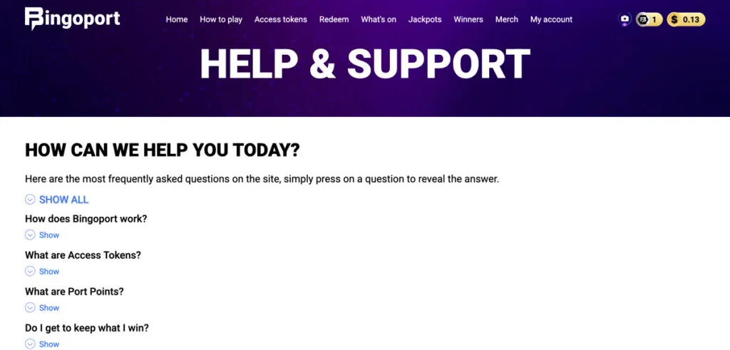 Bingoport FAQ page with answers to common player questions