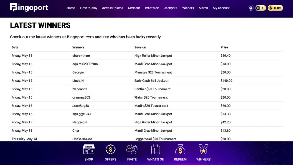 Screenshot of the Bingoport Winners section with usernames and prize amounts listed