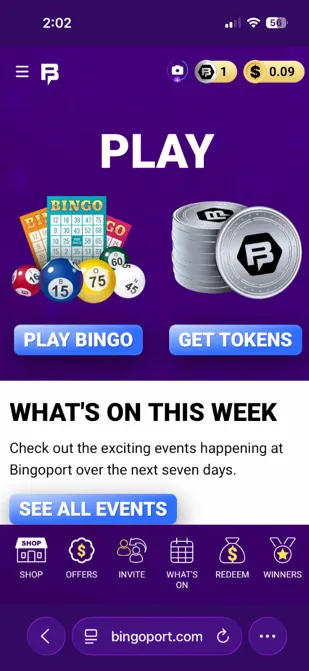 Main Bingoport lobby with bottom navigation tabs and account balances shown