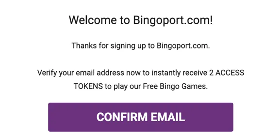 Bingoport email showing 2 free Access Tokens awarded after verification