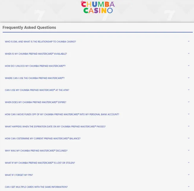 Chumba card FAQ page