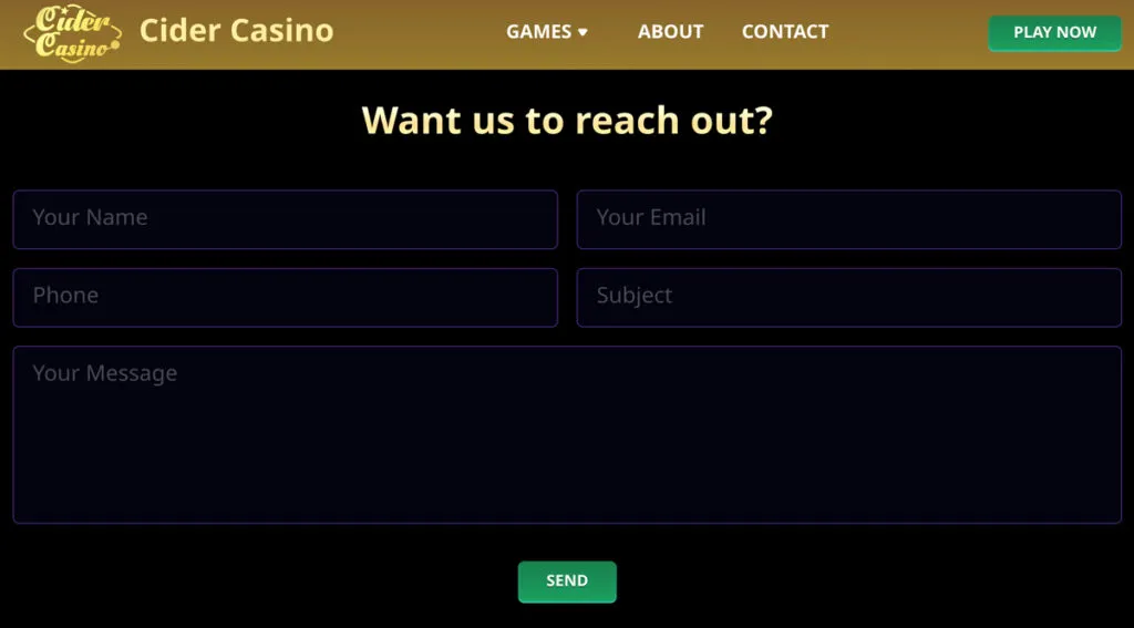Contact form for reaching Cider Casino customer support