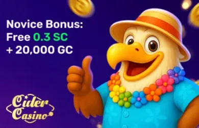 Cider Casino no-deposit bonus showing 20,000 GC and 0.30 SC for new players