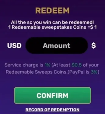 Cider Casino redemption screen showing payout amount and fees