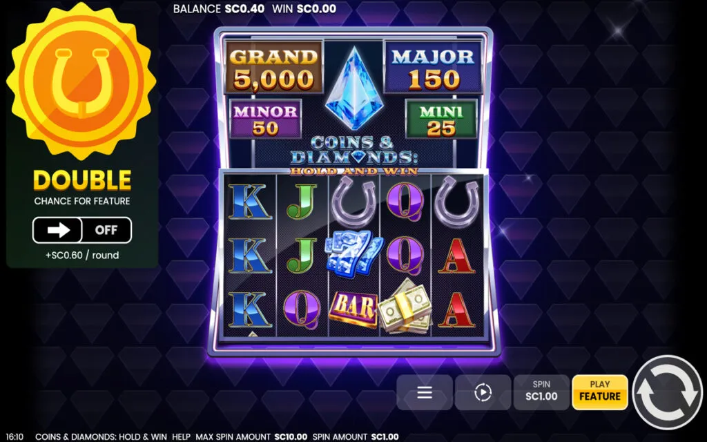 Screenshot of a player playing the Coins &amp; Diamonds: Hold &amp; Win Slot at Funrize Casino, ranked as the third best slot on the site.