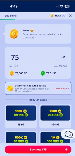 Coinz.us coin purchase screen with preset packages and custom purchase option