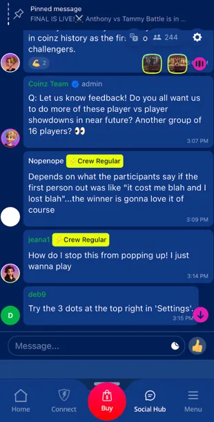 Coinz.us Crew Chat with player messages and responses