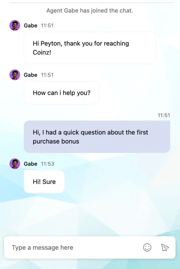 Coinz.us live chat support conversation with agent Gabe