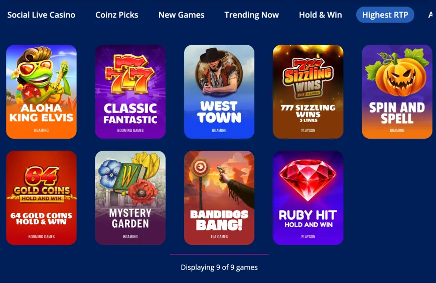 Coinz.us highest RTP games section