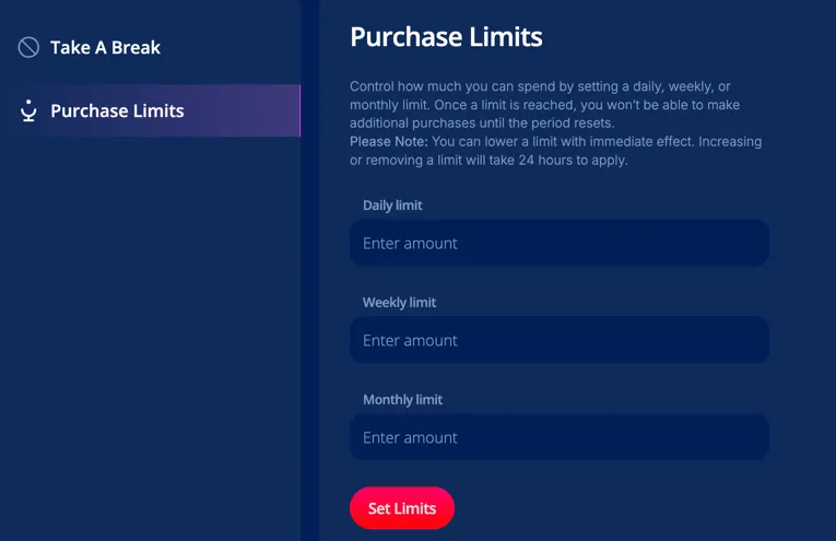 Coinz.us responsible play settings showing purchase limits