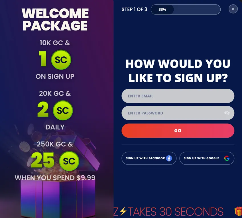Coinz.us sign-up page with account registration form