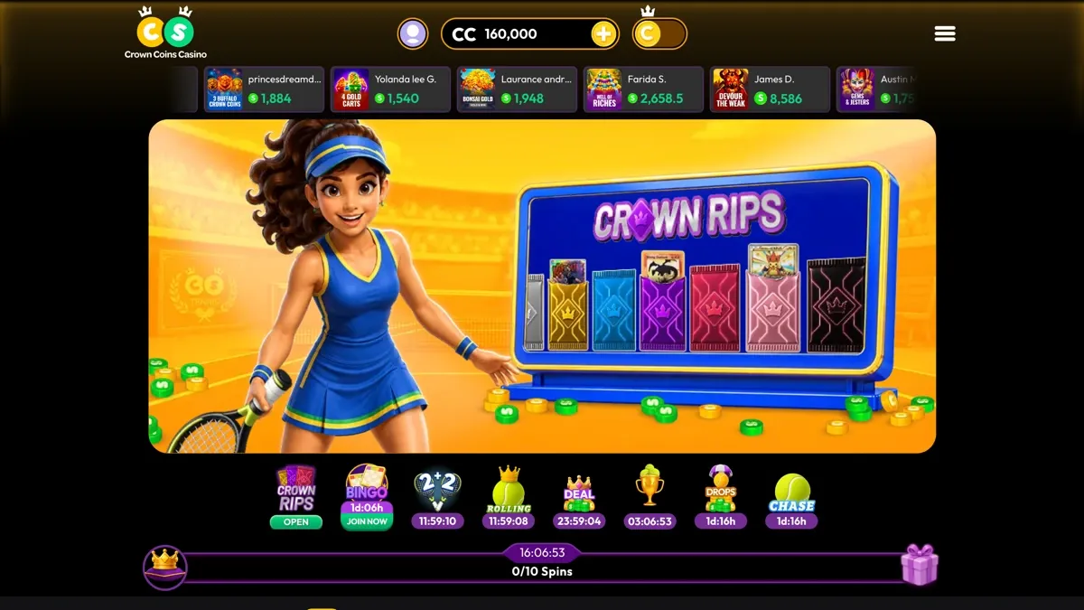 Crown Coins sweepstakes casino website homepage