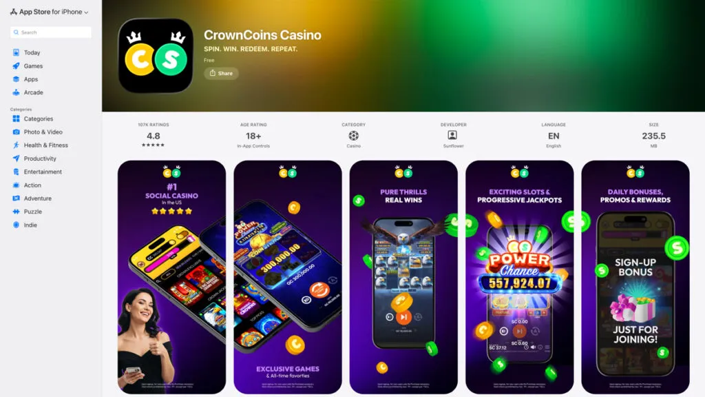 Crown Coins social casino app in the iOS App Store