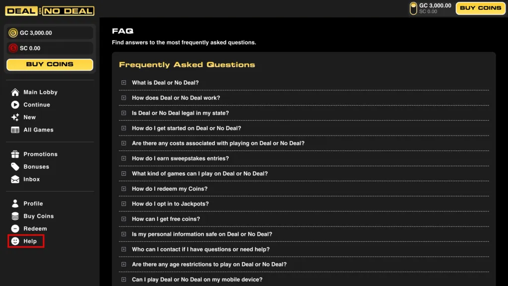 Deal or No Deal Win FAQ page for customer support