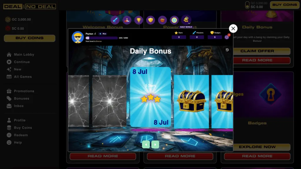 Claiming the daily bonus at Deal or No Deal Win Casino
