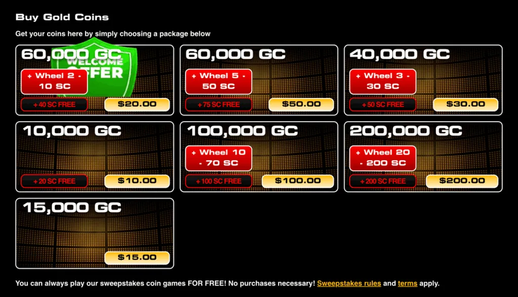 Gold Coin packages for sale at Deal or No Deal Win