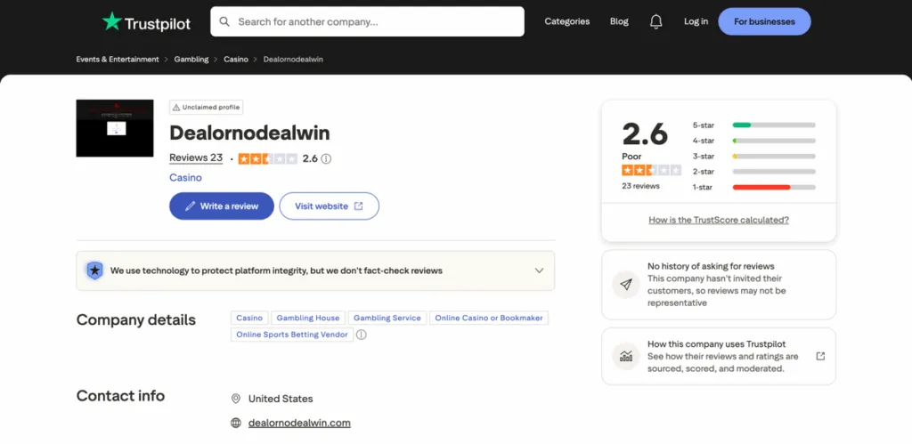 Trustpilot ratings and reviews for Deal or No Deal Win Casino