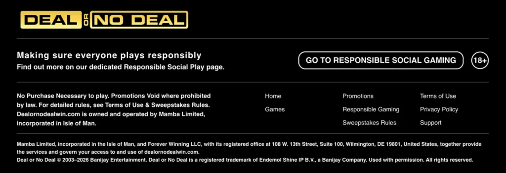 Deal or No Deal Win website footer with sweepstakes rules, terms of use, and ownership information