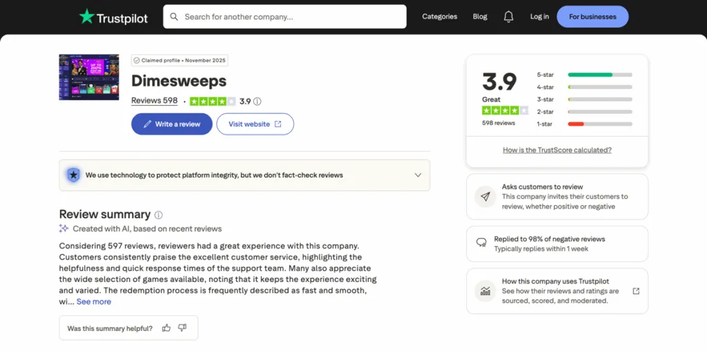 Trustpilot ratings and reviews for DimeSweeps
