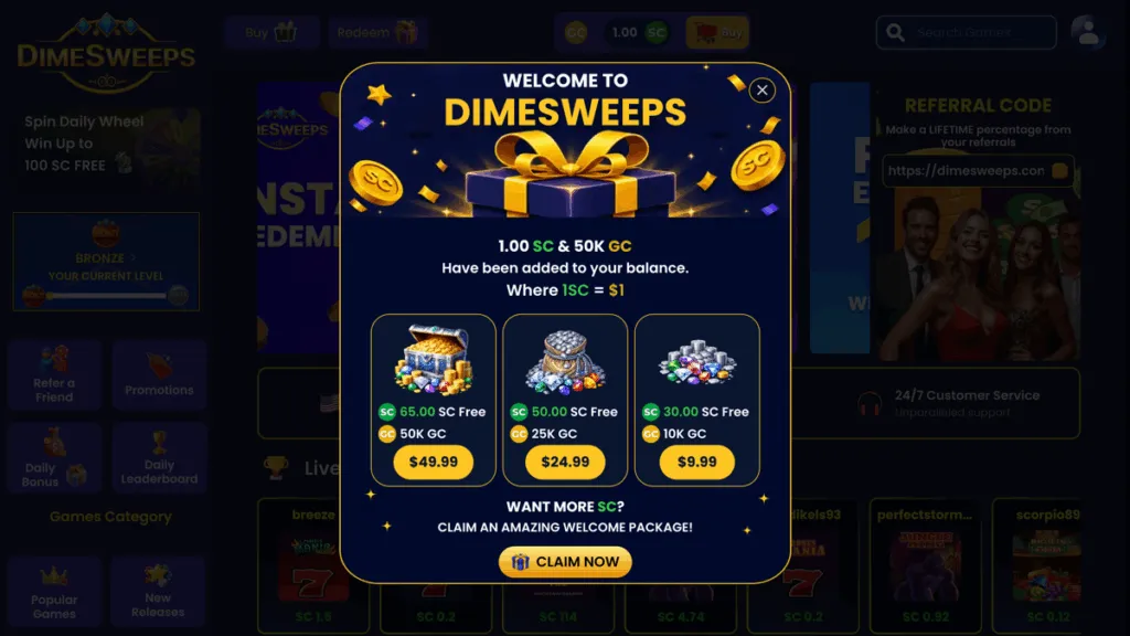 DimeSweeps sign-up bonus for new players