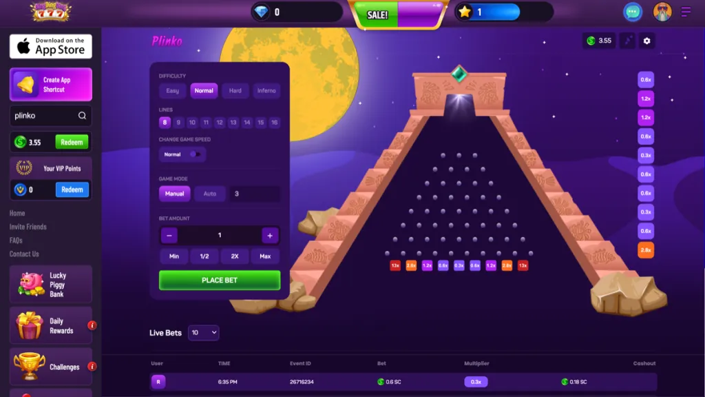 Plinko game at Ding Ding Ding, a popular online social casino for Missouri players