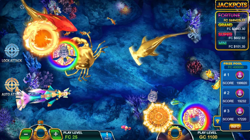 Emily’s Treasure fish shooting game with cannons aimed at targets