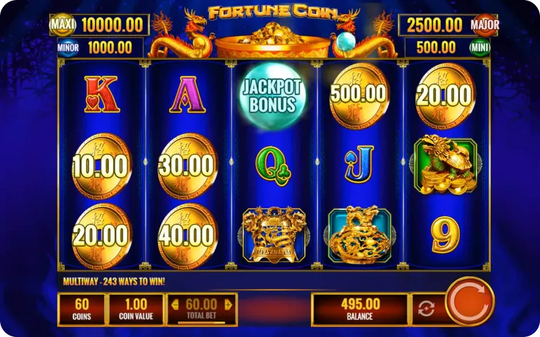 Fortune Coin slot game screen with colorful symbols and spinning reels