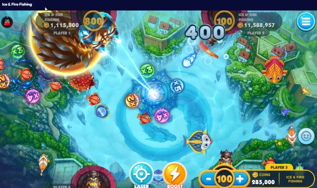 Ice &amp; Fire Fishing table game during a round with cannons firing at fish