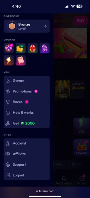 Funrize Mobile Menu &amp; Navigation