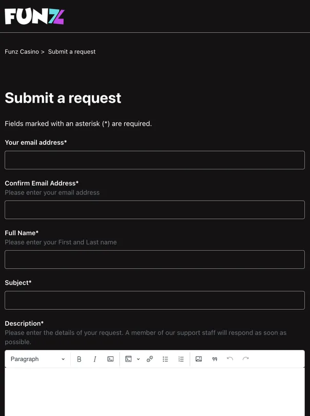 Funz Casino Submit a Request customer support form
