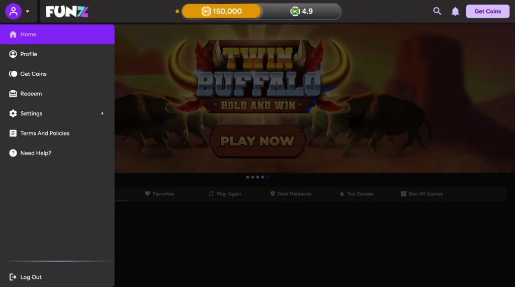 Funz Casino desktop site with sidebar menu open