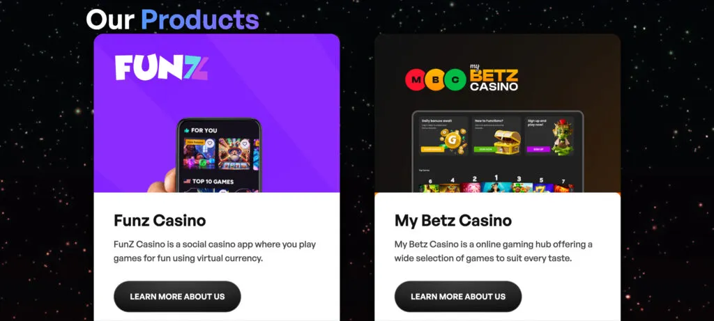 Digi Matrix Inc. website showing Funz Casino and My Betz Casino
